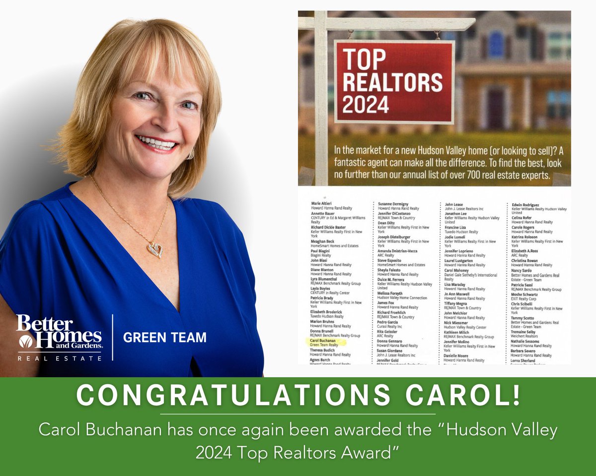 Congratulations Carol Buchanan Real Estate Associate Broker! 🥳
Carol has received the Hudson Valley 2024 Top Realtors Award! 

#BHGREgreenteam #bhgre #greenteam #expectbetter #realestatebroker #realestateexpert #team #warwickny #OCCC #Ocnychambermember #carolbuchananrealestate