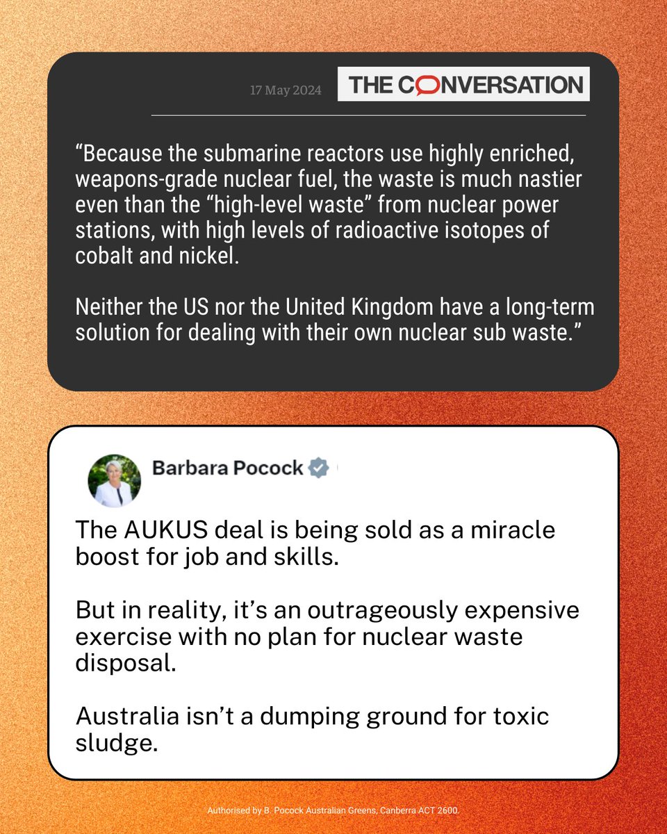 No matter how you slice it, AUKUS is a bad idea. An expensive, ill-planned idea that comes with the baggage of high level radioactive waste - that has nowhere to go. 

Australia needs renewable energy solutions that don't involve being the dumping ground for toxic waste. #auspol
