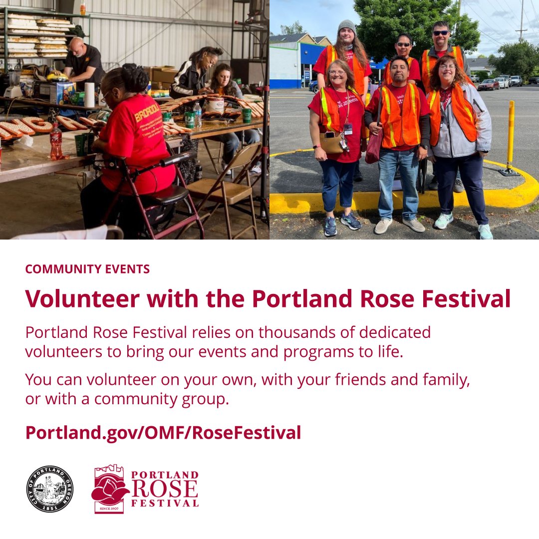 Sign up to be at the heart of Portland's biggest celebration! @PDXRoseFestival is looking for enthusiastic volunteers to help support the parade and ensure safety of participants and spectators. Portland.gov/OMF/RoseFestiv…