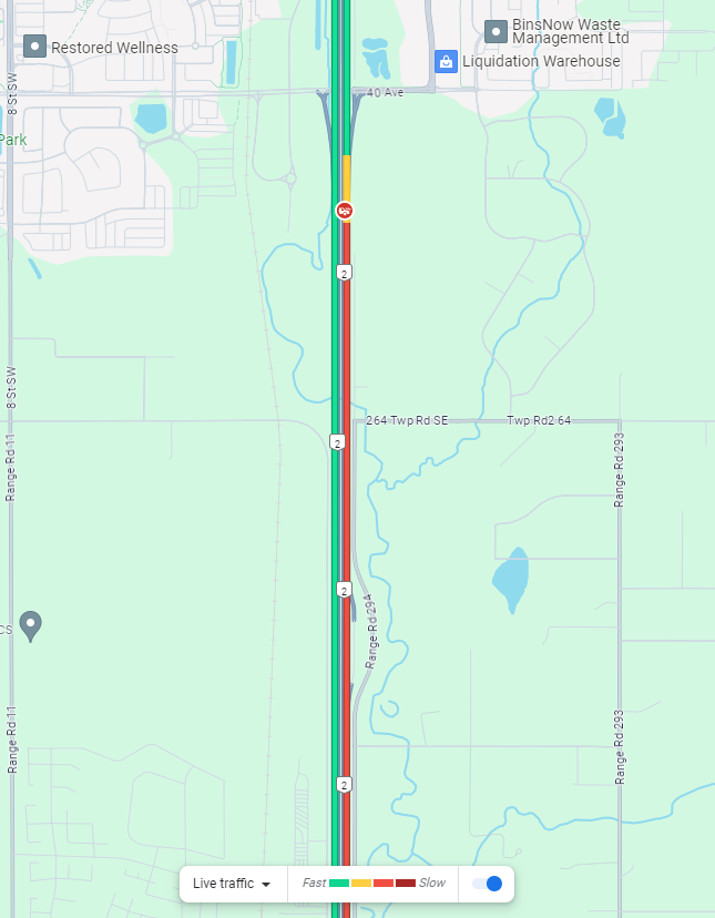 North of #yyc, a crash is leading to major NB volume on the QE2 approaching 40th Ave in Airdrie. #ABTraffic #ABRoads
