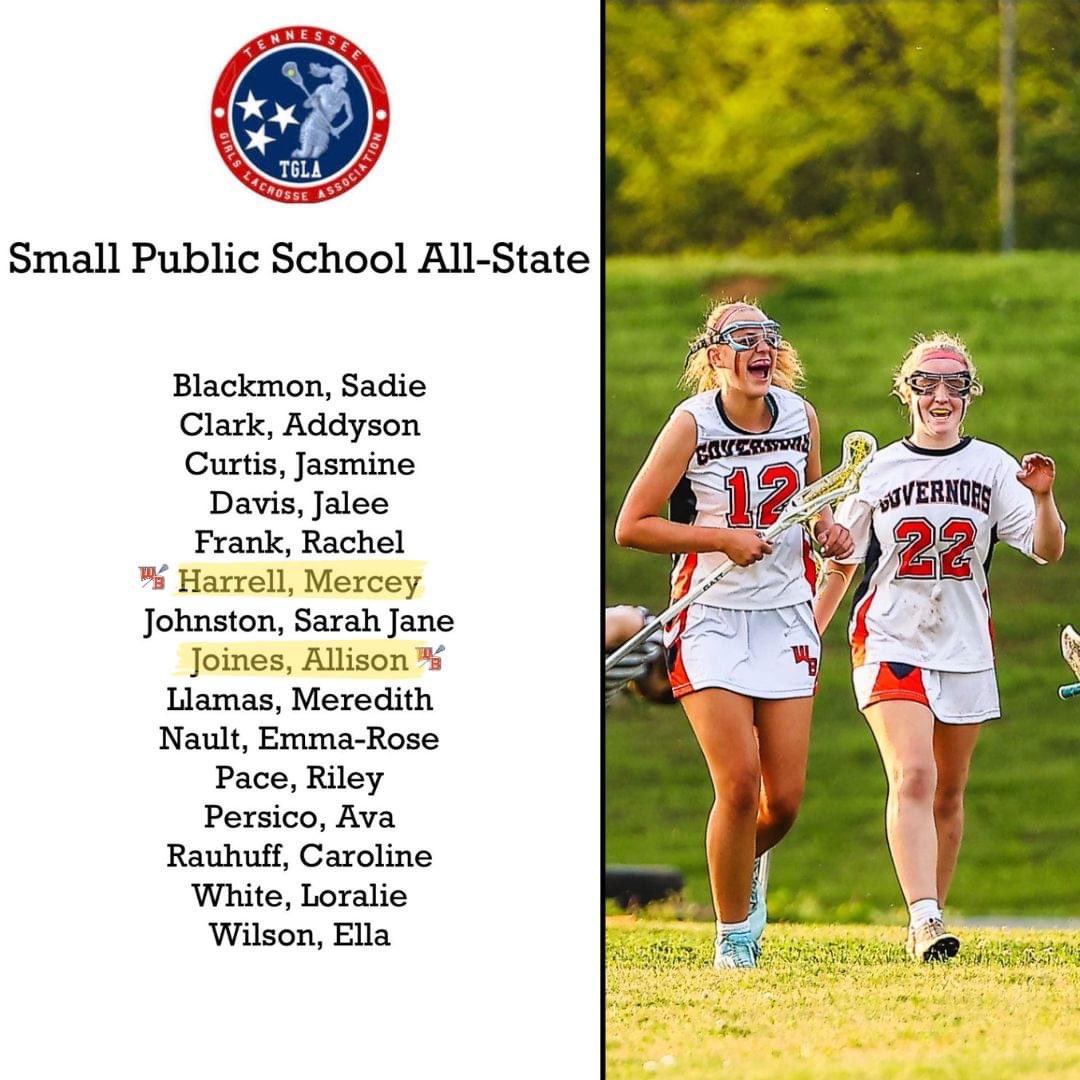GovsLacrosse's tweet photo. Congratulations to our teammates #22 Allison Joines and #12 Mercy Harrell on selection for All State! We are so proud of these two and can't wait to see them on the field again next season!
#allstate #lacrosse #williamblounthighschool #lacrosse #WBHS #settingstandards #tgla https://t.co/DJ1PM4FMGR