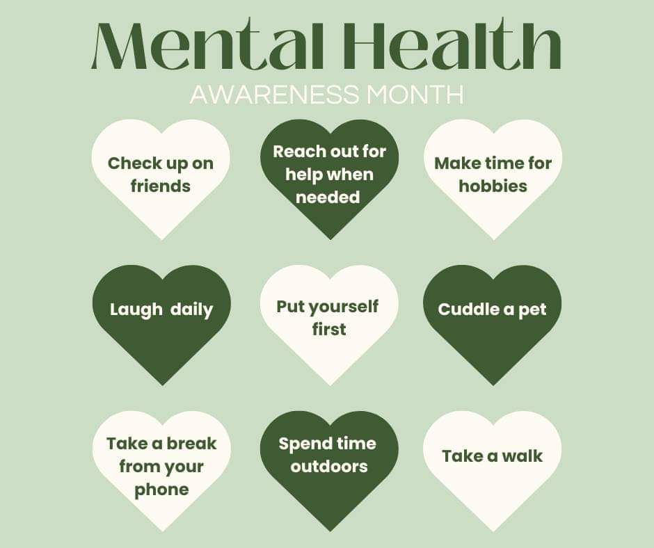 Let's take this time to prioritize our mental well-being. Here are some ideas to support your mental health: Taking care of your mental health is just as important as taking care of your physical health. #MentalHealthAwarenessMonth #rsccsetx #surviveandthrive #18007WECARE