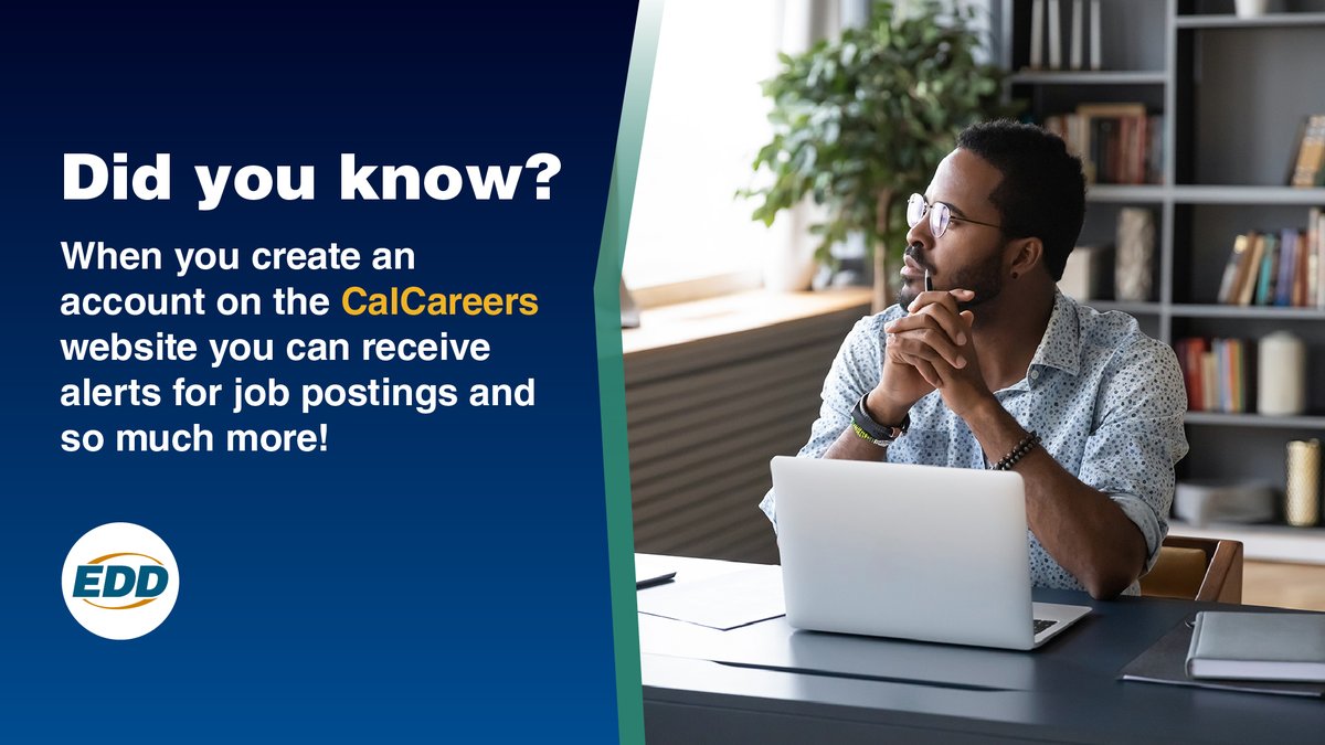 Did you know? When you create an account on the CalCareers website you can receive alerts for job postings, create, store and submit applications and more! Ready to find the perfect EDD position?

Get started: edd.ca.gov/en/about_edd/h…

#EDDLife #CAJobs