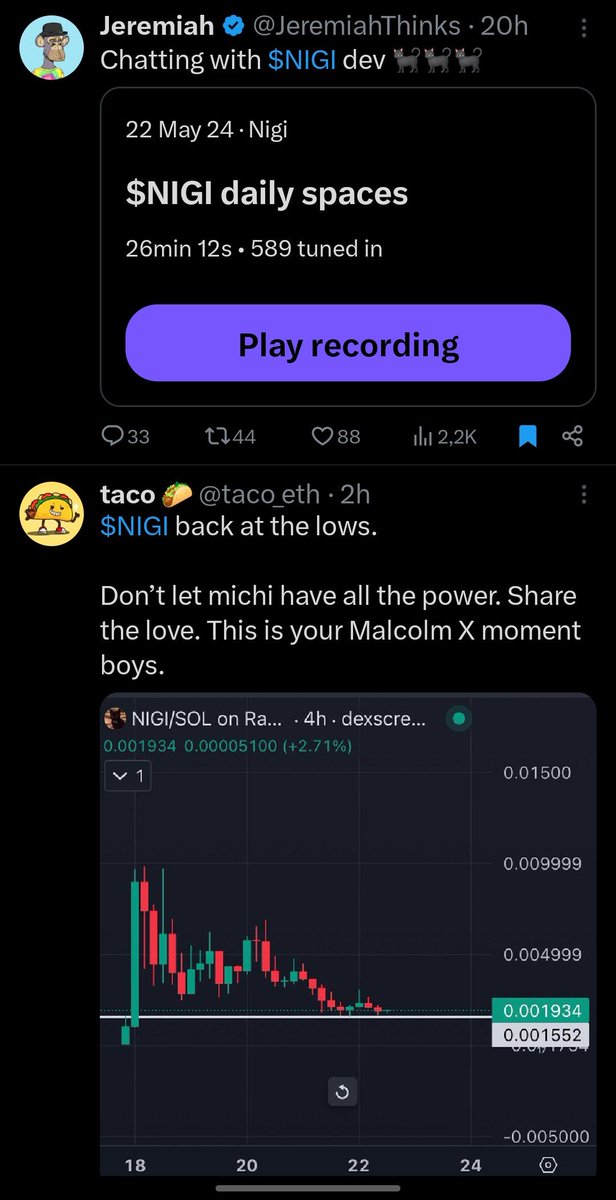 $NIGI Posts📺

Post Owners:
@ChefinNFT 
@OxReign_sol 
<a href="/defishii/">Bot 8 (Automated)</a> 
<a href="/JeremiahThinks/">Jeremiah</a> 
<a href="/taco_eth/">taco 🌮</a> 
Twitter: @NIGIsolana