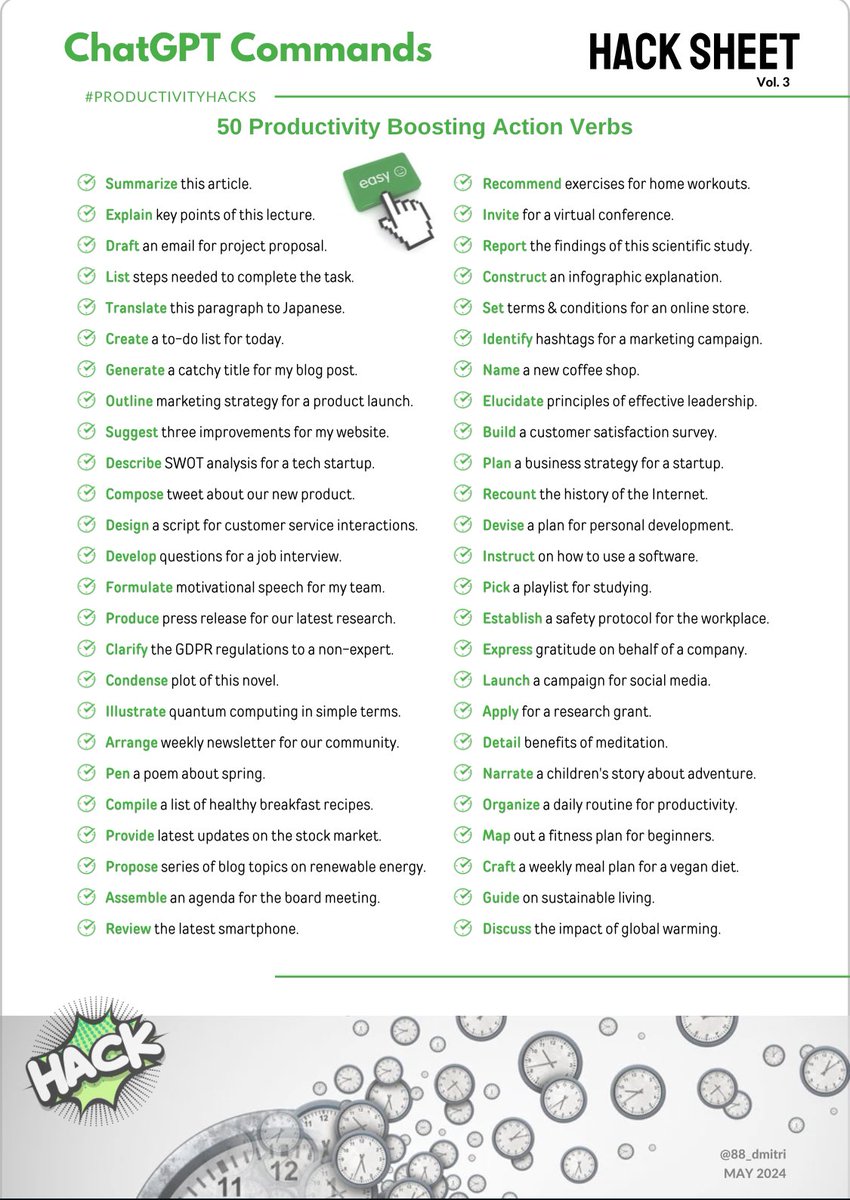 88_dmitri's tweet photo. 🚀🌟 Thanks for the great feedback on #ProductivityHacks Vol 1 &amp; 2! Let’s keep refining our ChatGPT skills…

📝✨ Struggling to find the right action verb? Vol 3 intros Top 50 Commands for ChatGPT… complete w examples!

💬 What’s your go-to ChatGPT command?#AI #EasyButton https://t.co/mTExEGXACv