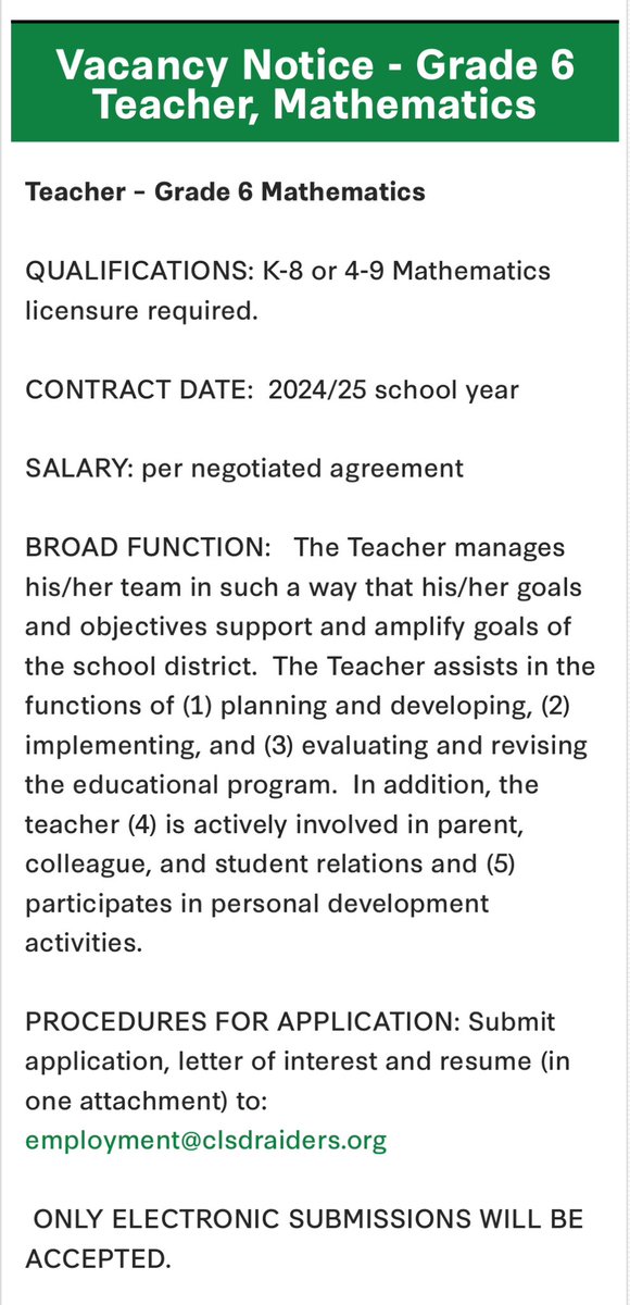 🚨We’re hiring! 🚨 Columbia Middle School is looking for a sixth grade math teacher! Work with an incredible staff and amazing kids! Details can be found here:  clsdraiders.org/Employment.aspx