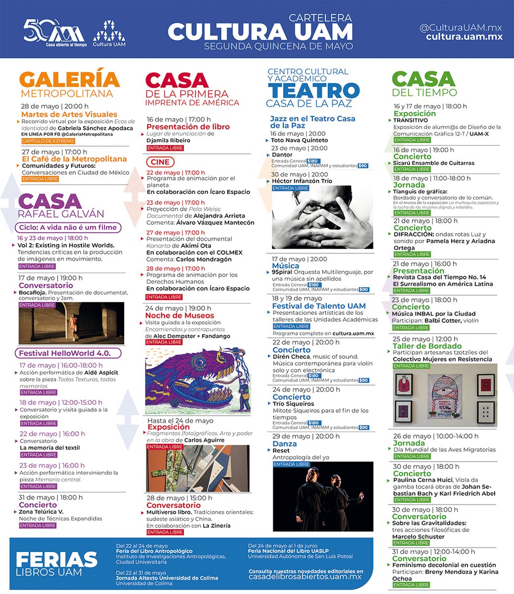 lauammx's tweet photo. 📣 ¡Teatro, festivales, música, exposiciones, talleres, presentaciones de libro, ciclo de cine y más! Consulta la cartelera cultural de la UAM
.
#UAM50 #SoyUAM #CulturaUAM
#UAMCreativa @CulturaUAMmx https://t.co/Ff77YMW787