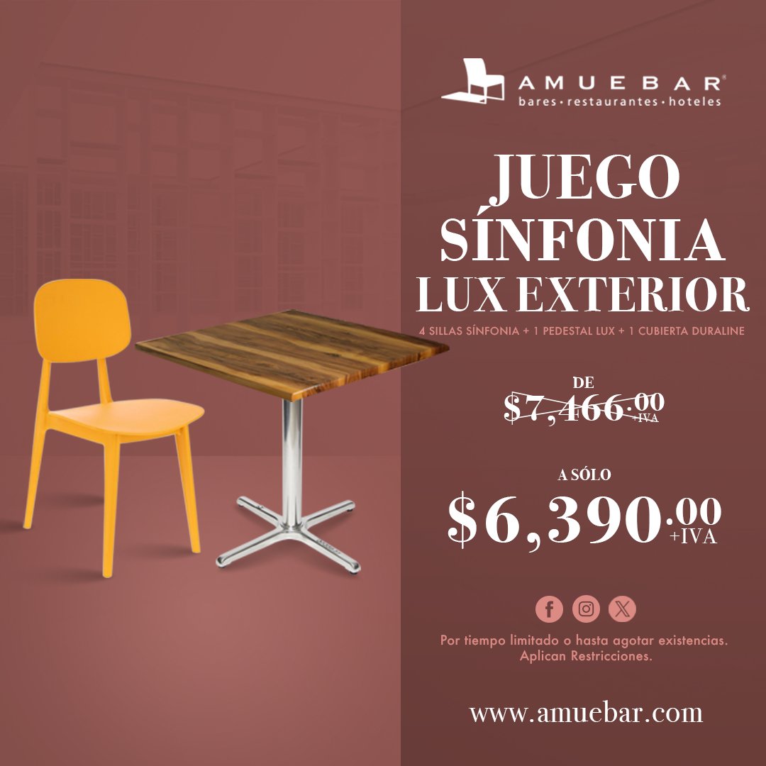 AMUEBAR's tweet photo. #mobiliarioexterior 😎☀️🌳En esta época de calor, renueva tu #terraza  o #jardin  con el NUEVO JUEGO SÍNFONIA LUX EXTERIOR, e invita a tus clientes a disfrutar de la experiencia gastronómica al aire libre.

Conoce más en:
👉 https://t.co/RBSWkNdWyv
☎️ WhatsApp: 22 24 13 40 51 https://t.co/PBRo0tV1vf
