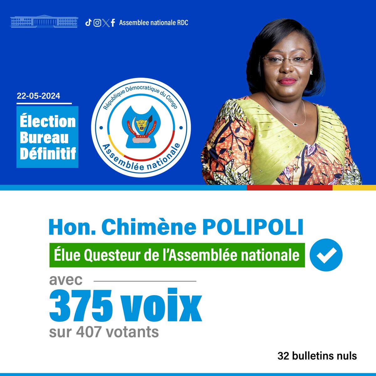 RDC_NewsFlash's tweet photo. #RDC| #ElectionBureauDefinitif | 23.05.2024
L’Honorable Chimène POLIPOLi, élue Questeur de l’Assemblée nationale avec 375 voix sur 407 votants.
@AssembleeNatRDC https://t.co/3707Iz4wlX