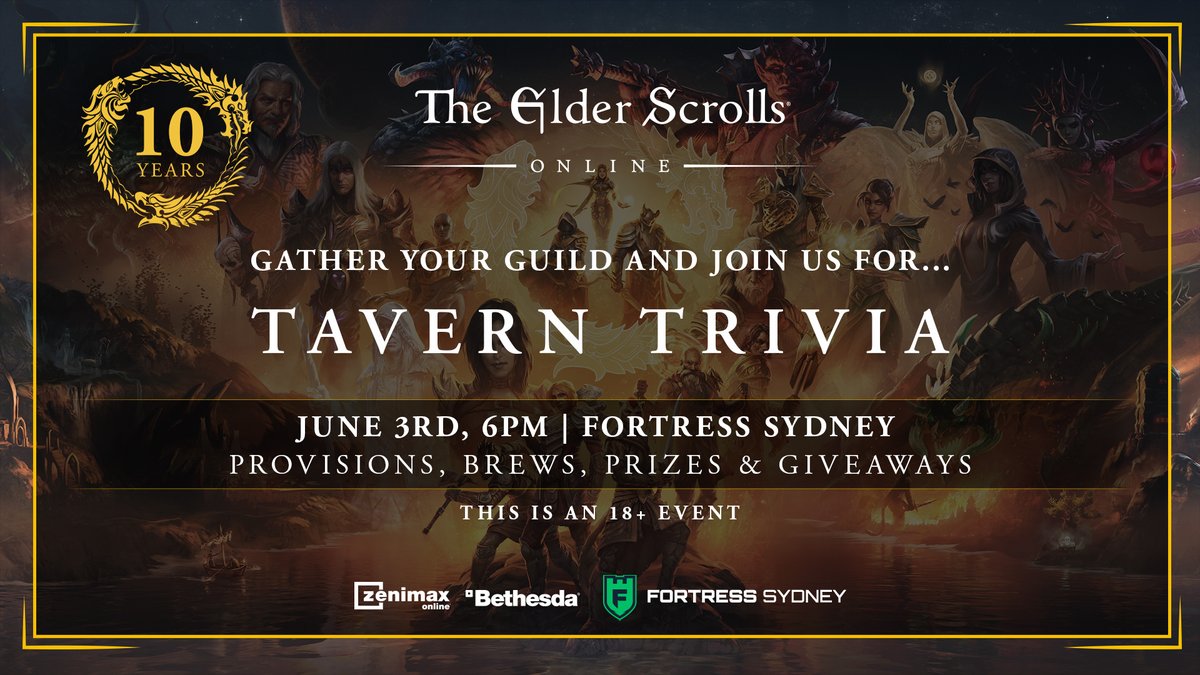 Gather your scrolls and summon your knowledge! 📜 Join us on an unforgettable night of #ESO10 Tavern Trivia in Sydney! From the secrets of Skyrim to the mysteries of Morrowind, test your expertise and compete for glory among fellow adventurers. 🏆 📆 Mark your calendar for June