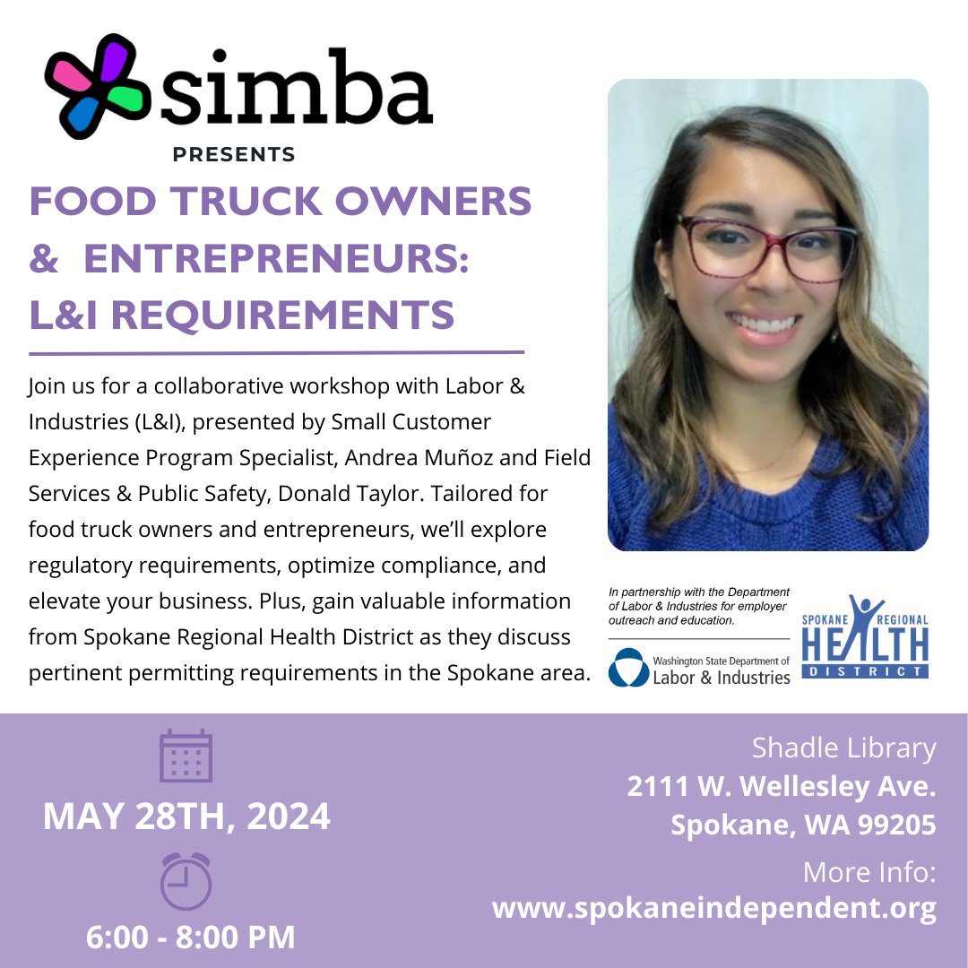 NEXT TUESDAY! Tailored for food truck owners and entrepreneurs, you'll explore regulatory requirements, optimize compliance, and elevate your business. We look forward to seeing you at Shadle Park Library! Register to attend this free workshop. go.spokanelibrary.org/SIMBA