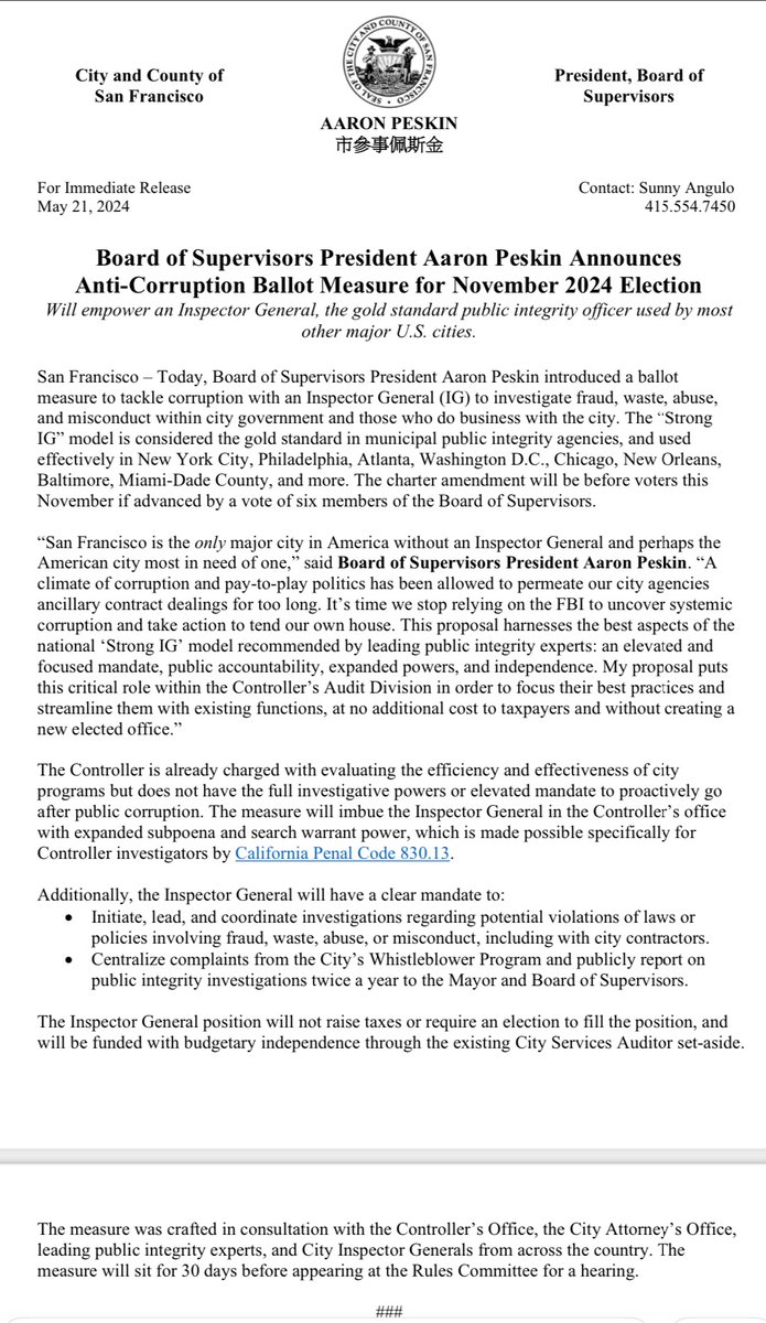 Read more about my proposal to make government work better for the people of San Francisco by rooting out consistent corruption and stopping pay-to-play w/ an independent Inspector General at no new cost to City. sfchronicle.com/sf/article/sf-… @sfchronicle