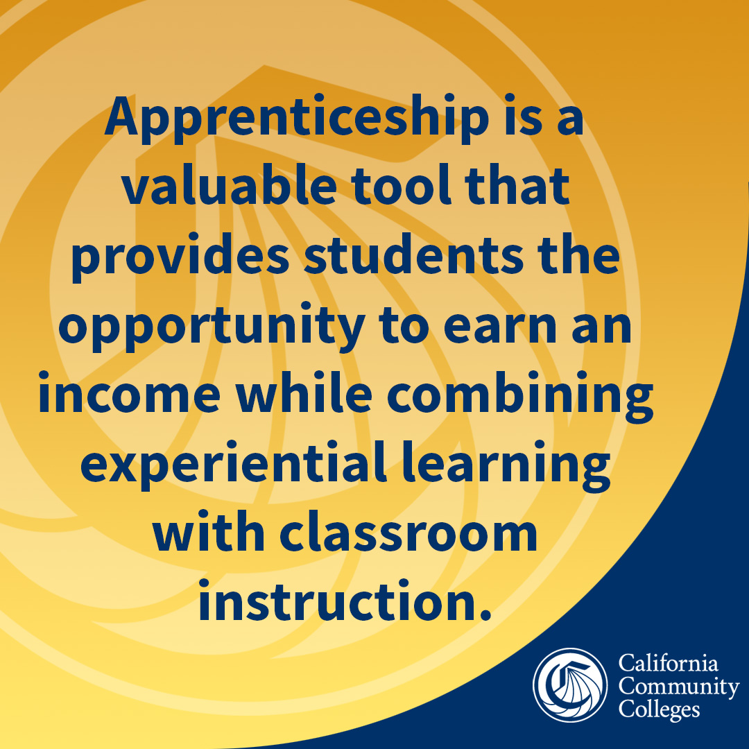 What is an #Apprenticeship? It's an earn-and-learn model for students to upskill or reskill into a new career or new level of their career. It’s a pathway into a family-sustaining wage & fulfilling career. 

Reach out to your local #CalCommunityCollege at ICanGoToCollege.com!
