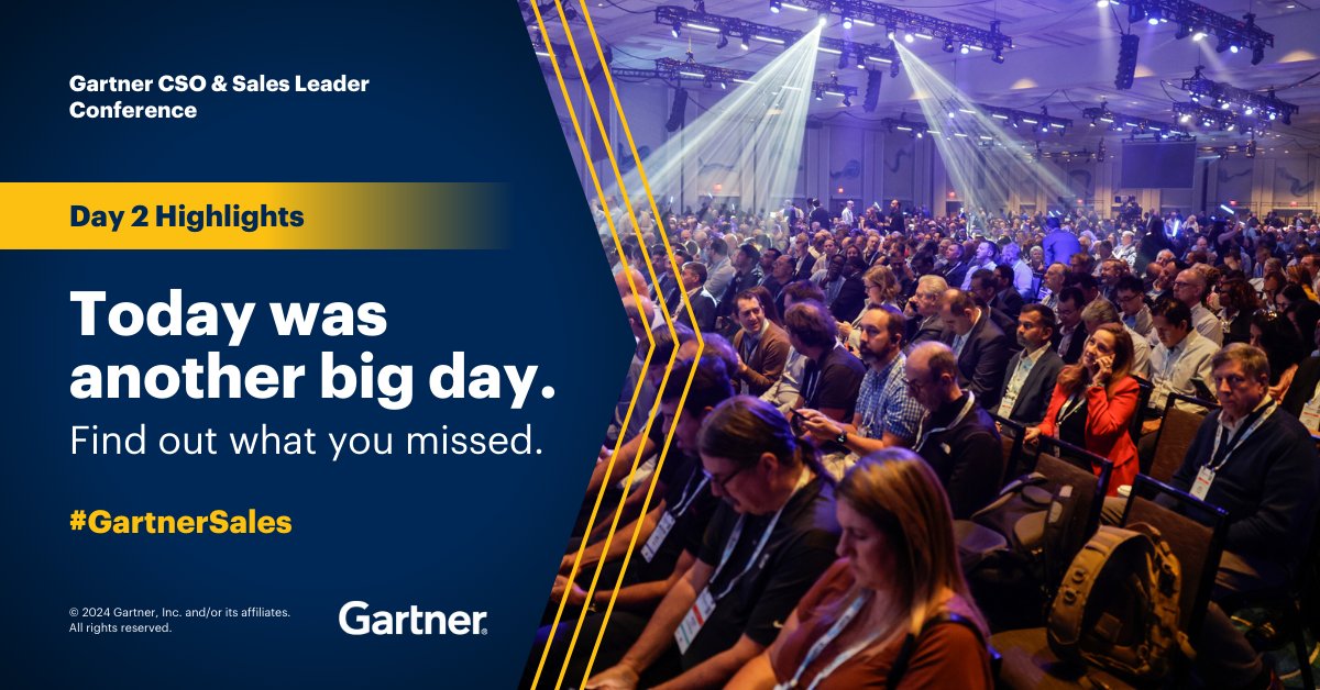 That’s a wrap for Day 2 of #GartnerSales. Highlights from the day include: ✅ #AI in sales ✅ Sales team culture ✅ Human-centric #sales Learn more on the Gartner Newsroom: gtnr.it/sales24pr2 #CSO