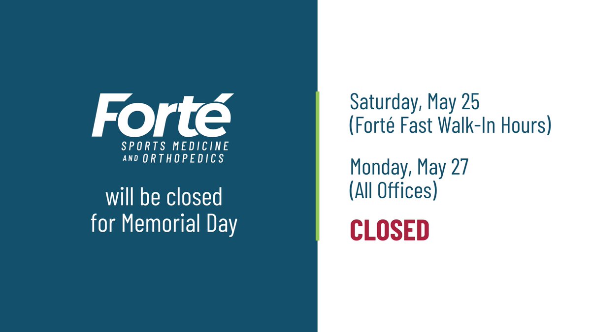 Our Forté Fast walk-in clinic will be closed Saturday, May 25th at our Carmel location. All Forté offices will be closed on Monday, May 27th in observance of Memorial Day. Regular office hours will resume on Tuesday, May 28th.