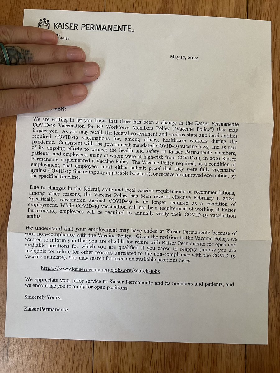 🚨 Breaking: Kaiser Permanente is begging doctors they fired over the COVID shot to crawl back to the HMO & reapply: KAISER PERMANENTE• May 17, 2024 Dr. Owen Johnston, We are writing to let you know that there has been a change in the Kaiser Permanente COVID-19 Vaccination