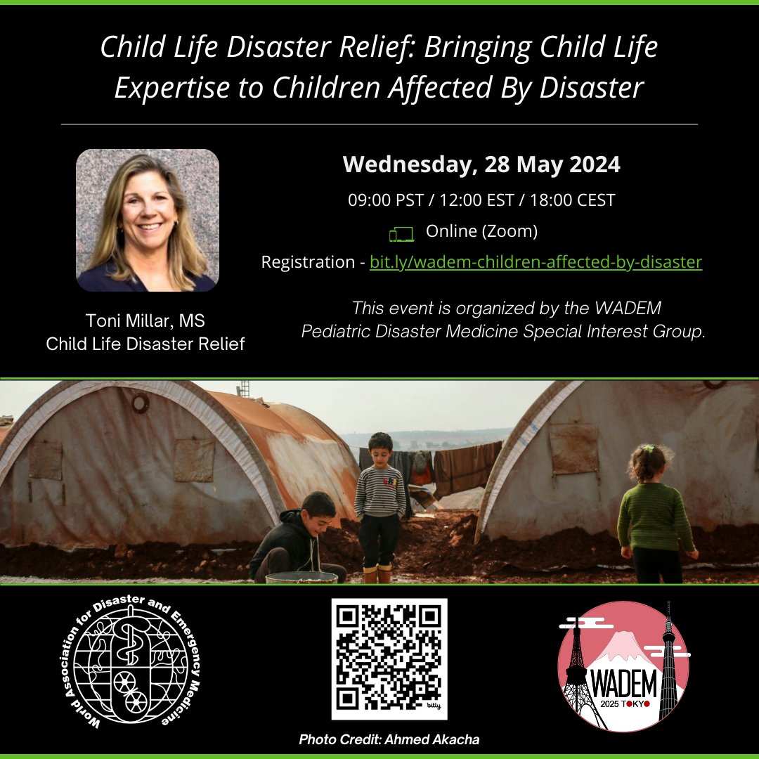 Don't miss next week's webinar - Bringing Child Life Expertise to #Children Affected by #Disaster.  This event is organized by the WADEM  Pediatric Disaster Medicine Special Interest Group. Register here - bit.ly/wadem-children…. #psychosocial #pediatrics #mentalhealth