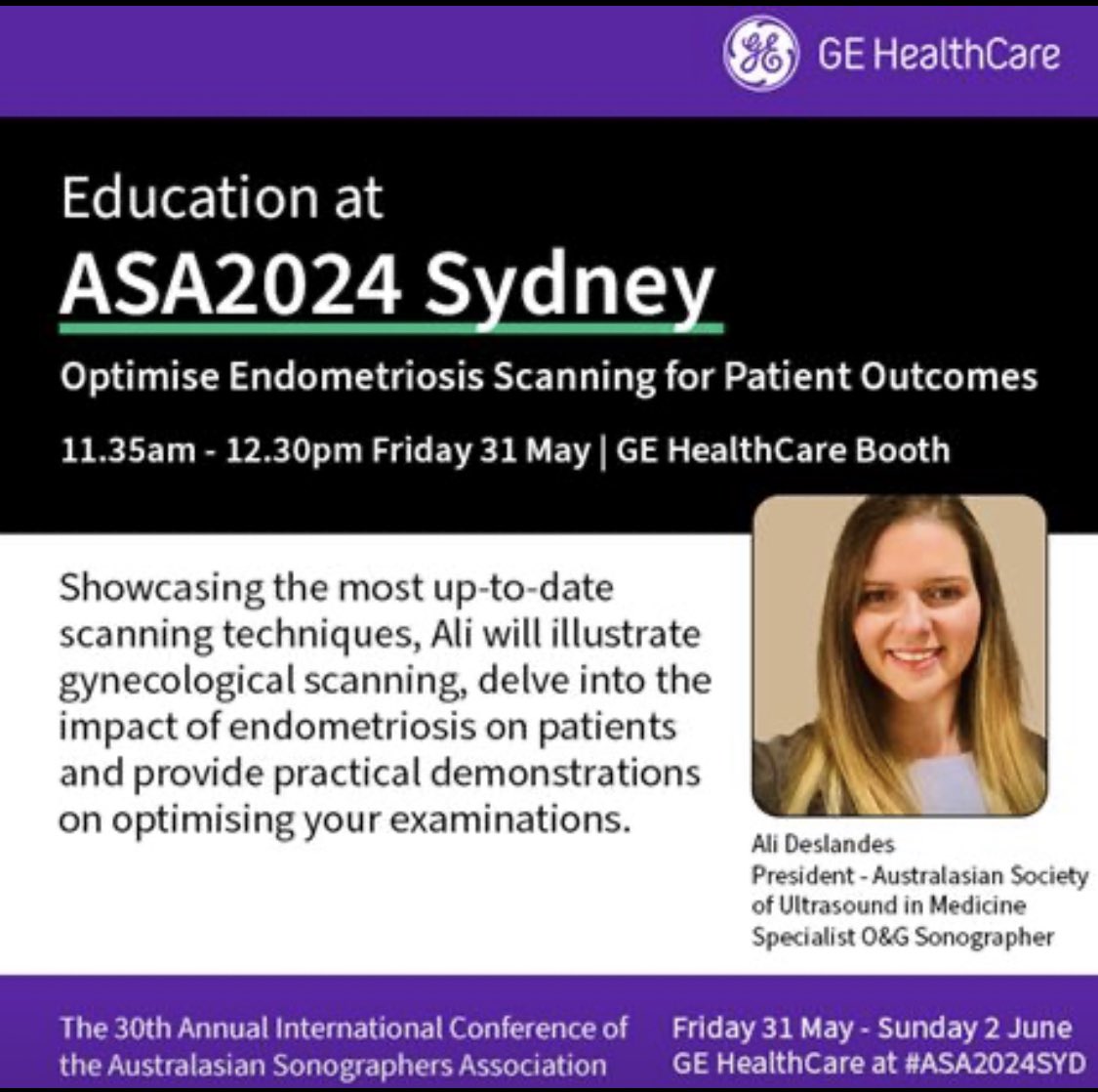 Come join me and @GEHealthCare at #ASA2024 to discuss gynae #ultrasound and #endometriosis. I will be showing key scanning techniques utilising the latest Voluson Expert22 ultrasound technology to help all sonographers improve their patients lives with ultrasound diagnosis