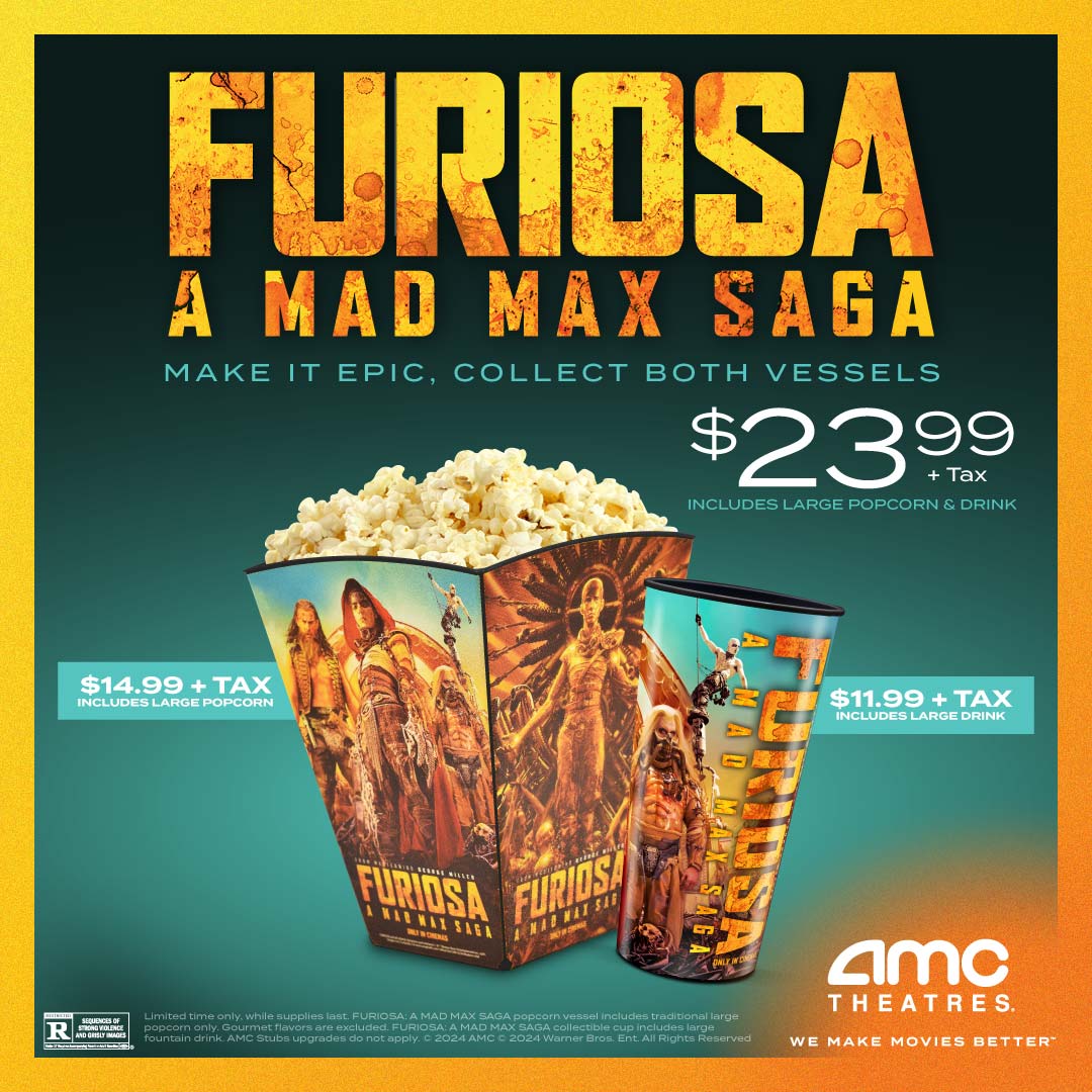#Furiosa : A Mad Max Saga 🎟 are on sale NOW! Unleash the madness and bring Furiosa home with these collectibles 🍿 🥤! On sale 5/23, while supplies last. amc.film/44RJ7xC