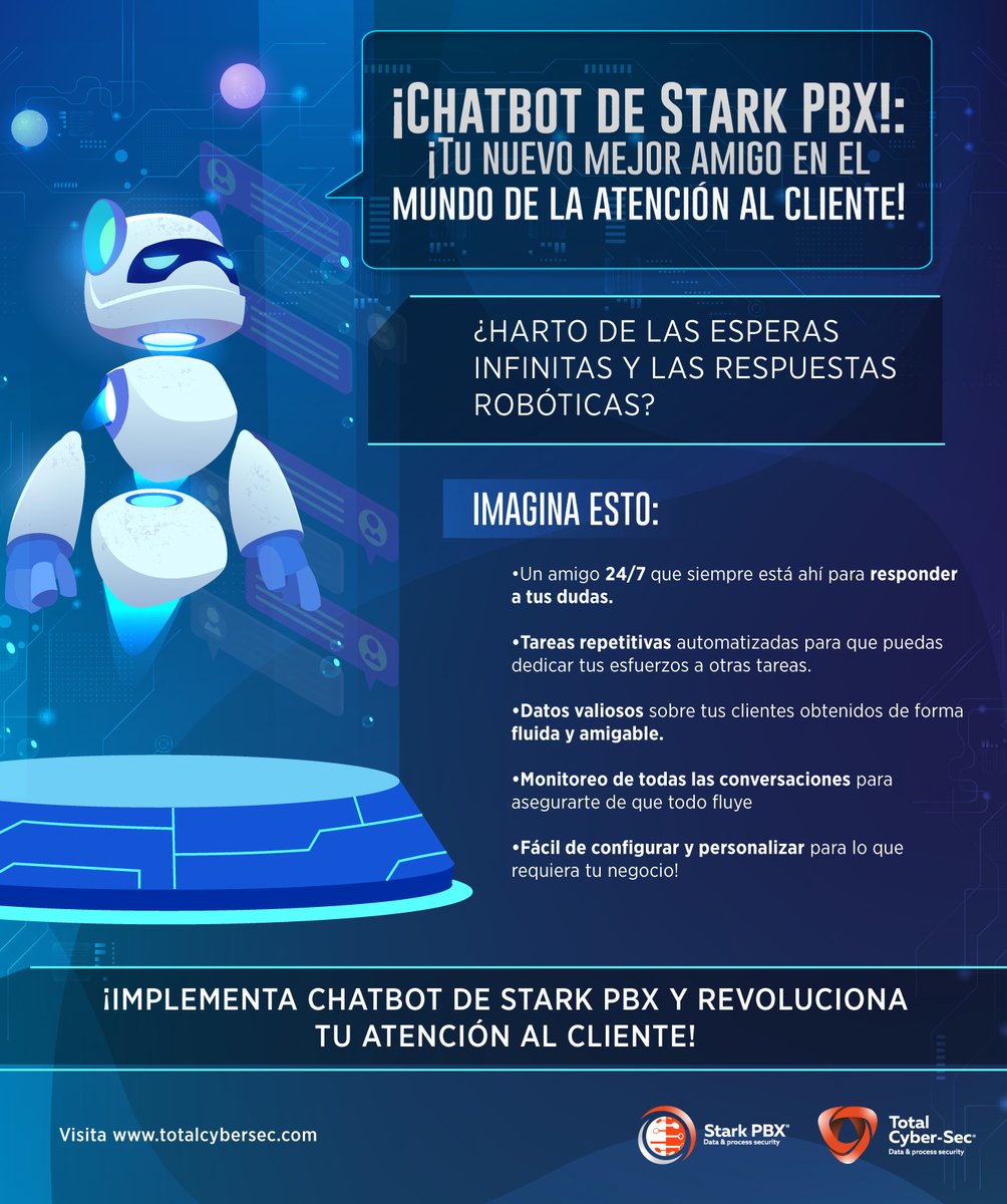 totalcybersec's tweet photo. ⭐️ ¡Que tu negocio brille por su gran atención al cliente!
🤖 Chatbot de #StarkPBX de #TotalCyberSec.
📶 Descubre como en https://t.co/mc0R4KcGST https://t.co/viGId6CWcv