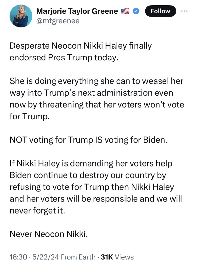 RpsAgainstTrump's tweet photo. MAGA will never like you, @NikkiHaley https://t.co/yFnlIzCowd