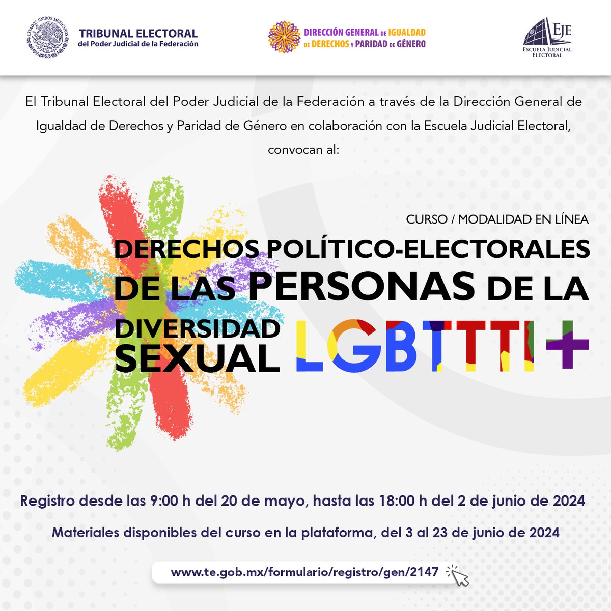 👩‍💻👨‍💻 Participa en el 'Curso: Derechos político-electorales de las personas de la diversidad sexual LGBTTTI+', modalidad en línea. ✍️Inscríbete a través del siguiente enlace: te.gob.mx/formulario/reg…