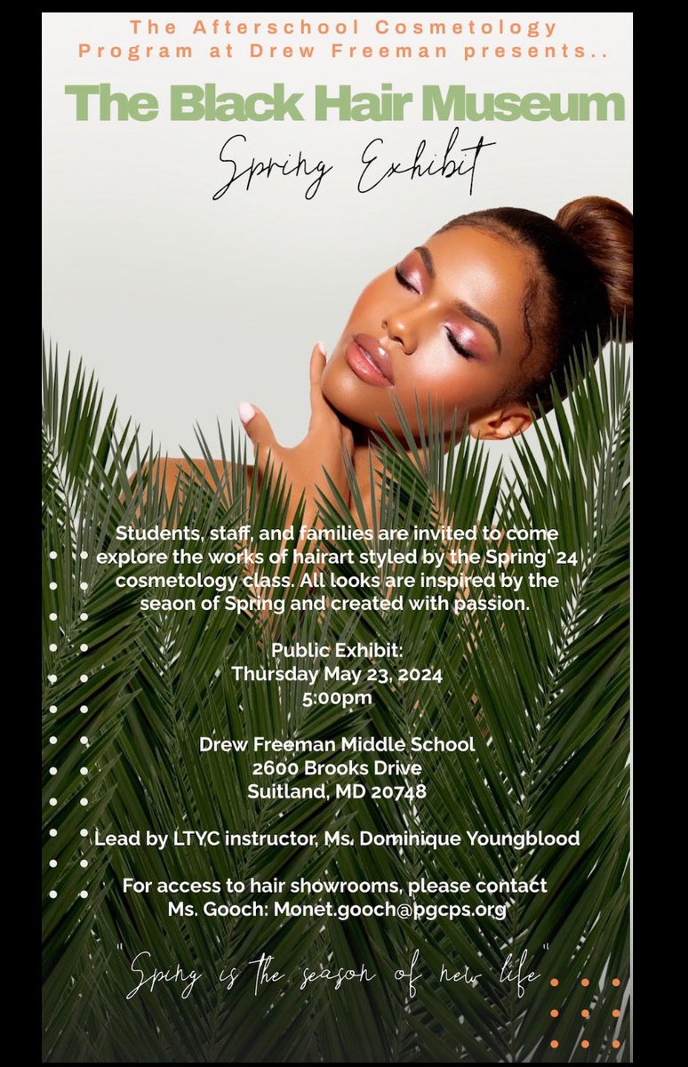 DFMS_PGCPS's tweet image. Get ready for a hair extravaganza! Tomorrow, right before our mesmerizing choral concert, swing by our hair expo at 5pm! Witness the stunning styles crafted by our talented scholars during our electrifying cosmetology after-school program. It&apos;s a showcase you won&apos;t want to miss!
