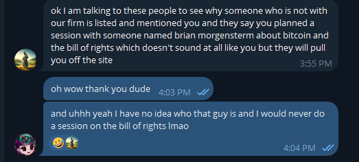lex_node's tweet photo. okay, wtf, if you are "brian morgensterm" I would love an explanation of how you came to believe I was planning to give a talk on Bitcoin's relationship to the Bill of Rights in Nashville, TN in July 

someone impersonating me? confused me with noted constitutional law scholar @gabrielhaines? what?