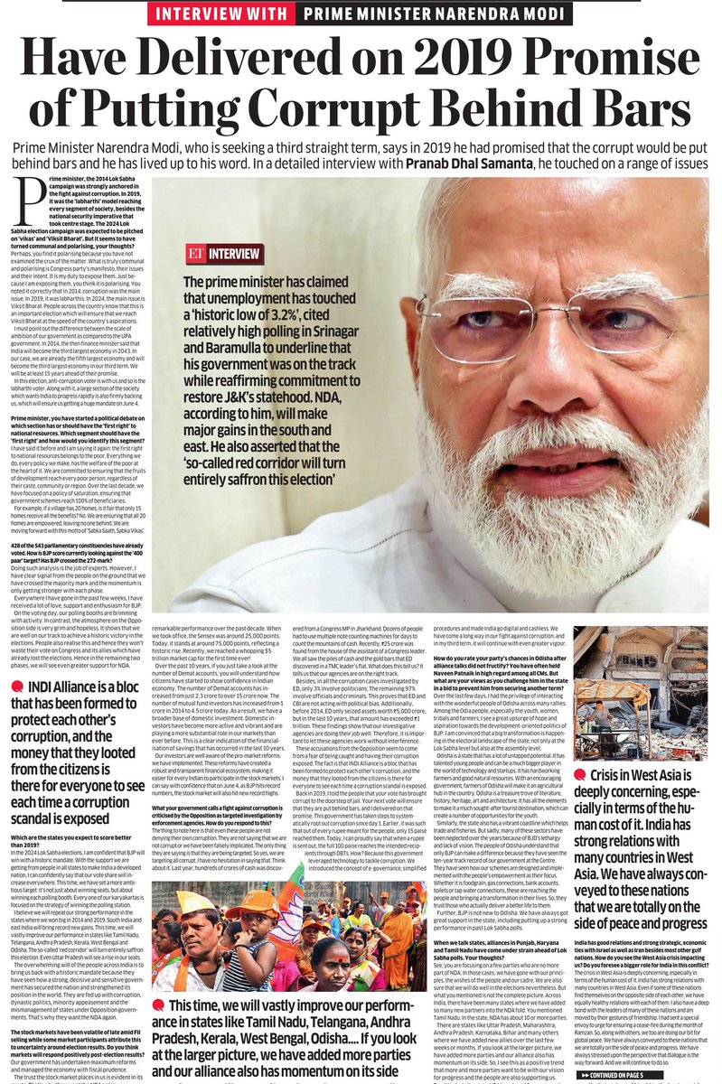 The stock markets will hit record numbers as BJP hits record numbers on June 4, Prime Minister @narendramodi tells @pranabsamanta on market volatility and getting majority in Lok Sabha elections. Dont miss the big interview today in @EconomicTimes @ETPolitics