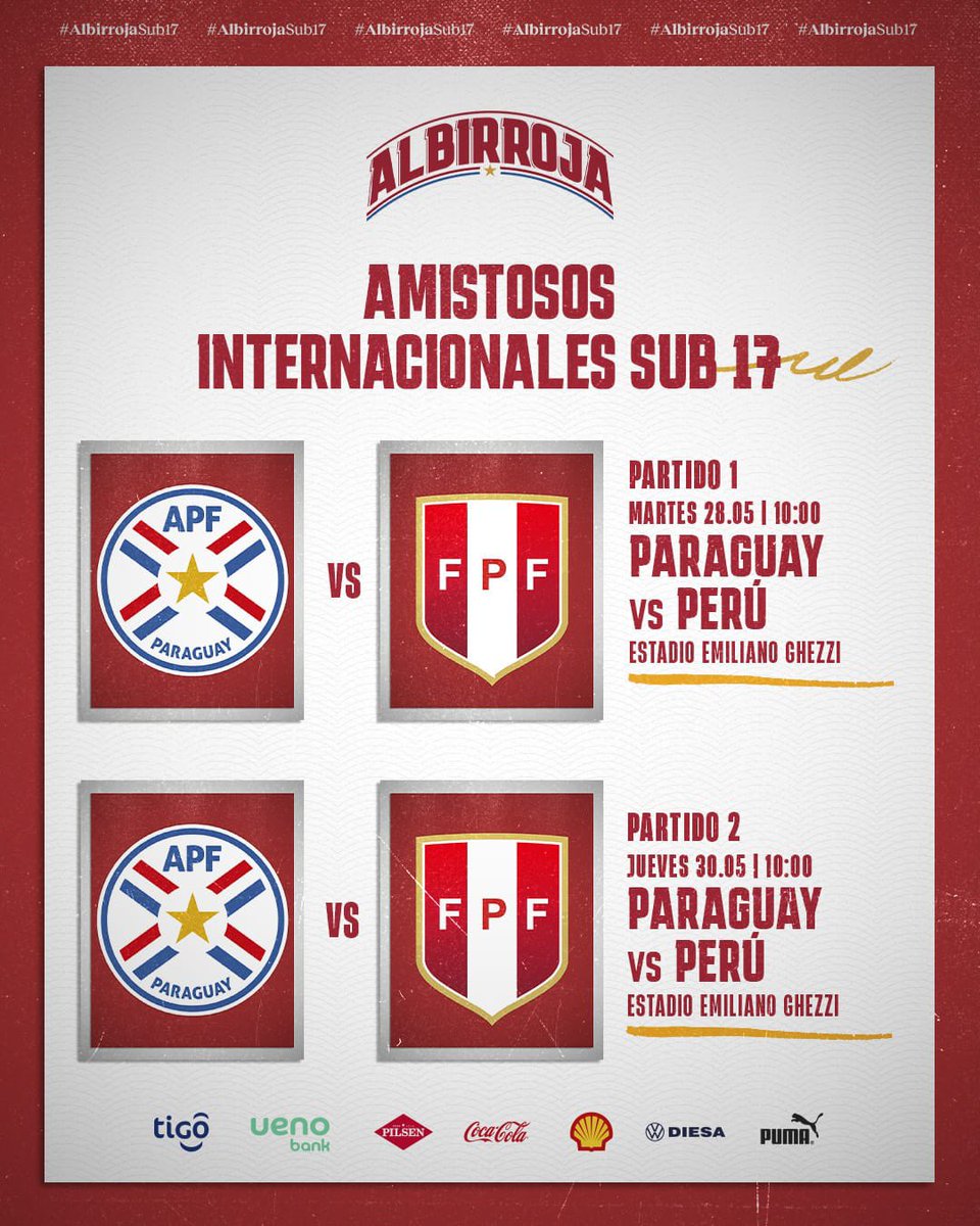 La Albirroja Sub 17 con amistosos definidos ✅

Se medirá ante Perú los días 28 y 30 de mayo en Asunción.

Los detalles 🔗 t.ly/CLmx9

#AlbirrojaSub17 ⚪️🔴
#VamosParaguay 🇵🇾