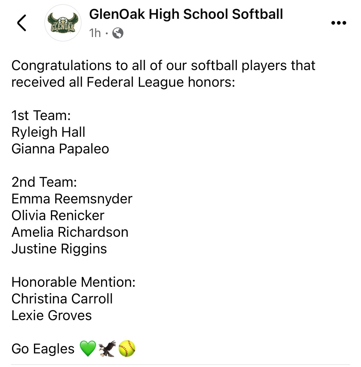 So proud of <a href="/Christina5C/">Christina Carroll</a>  for getting honorable mention you went out there and played your hardest. You got one more YEAR go out there and give it all you got. I love you. So proud of all the <a href="/SoftballGlenOak/">GlenOak Softball</a> girls.. they all worked so hard.