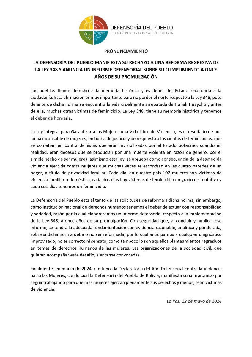 📌 PRONUNCIAMIENTO: DEFENSORÍA DEL PUEBLO MANIFIESTA SU RECHAZO A REFORMAS REGRESIVAS A LA LEY 348.

#PorLaVidaDeLasMujeres
#NiUnPasoAtrás 
#CatólicasYFeministas