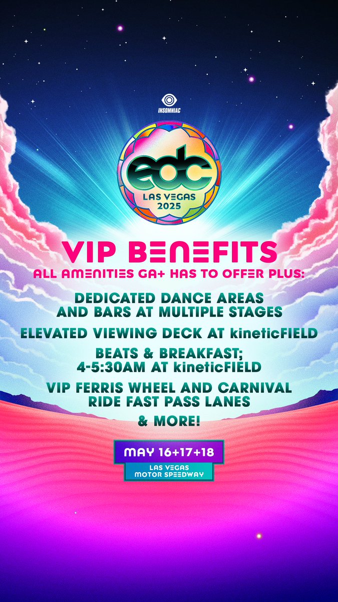 EDC_LasVegas's tweet image. For the first time, grab your #EDCLV2025 passes for just a $5 deposit!🦉 Learn more about our Enhanced Experience pass options to make your 2025 EDC absolutely extraordinary. 🌼🎡🌈

Future Owl Passes on sale FRIDAY at 12PM PT! 💫 → edclasvegas.com