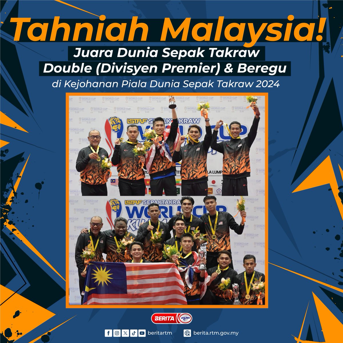 Tahniah Malaysia! Pasukan Malaysia menjadi juara dalam acara Double (Divisyen Premier) & Beregu selepas menewaskan pasukan Thailand dalam Kejohanan Piala Dunia Sepak Takraw 2024 di Stadium Titiwangsa, Kuala Lumpur malam tadi. 'Yang sahih di Berita RTM' #RTM #BeritaRTM