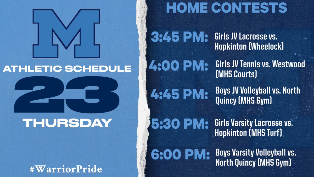 Athletic Schedule (Home Contests) for Thursday, May 23: @coachmace @MedGlax @MedfieldGTennis @CoachShu1 @HillerAthletics @WHSAthletics1 @NQRaiders