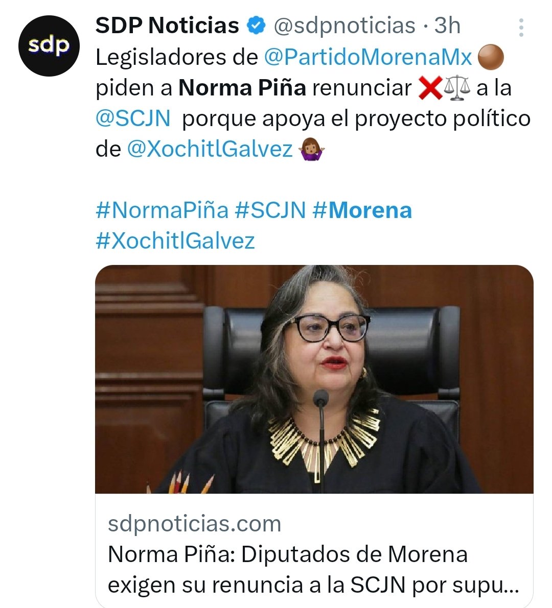 catrina_nortena's tweet photo. #ULTIMAHORA
🚨 TIEMBLA NORMA Piña y su Pandilla

Diputados de Morena exigen su RENUNCIA, ya que dicen parece más una sacaría, que una jurista,  
que tiene una fuerte vocación por la amenaza, por la intimidación y que es parte del Cártel Judicial.

Por eso este 02 de Junio tenemos que votar masivamente por @Claudiashein, menos chapulines, para lograr el #PlanC y limpiar a la Mafia del Poder Judicial...