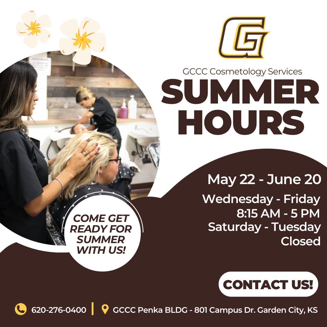 ☀️Come get summer ready with the Garden City Community College Cosmetology students! They will be taking appointments until June 20. 🟡Stop by and take advantage of the services offered! It is an excellent way for our students to build clientele and training.