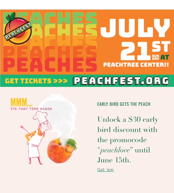 Don't wait! Grab your Peachfest tickets now and save with the early bird discount until June 15th! 🍑🎟 #Peachfest #EarlyBirdOffer