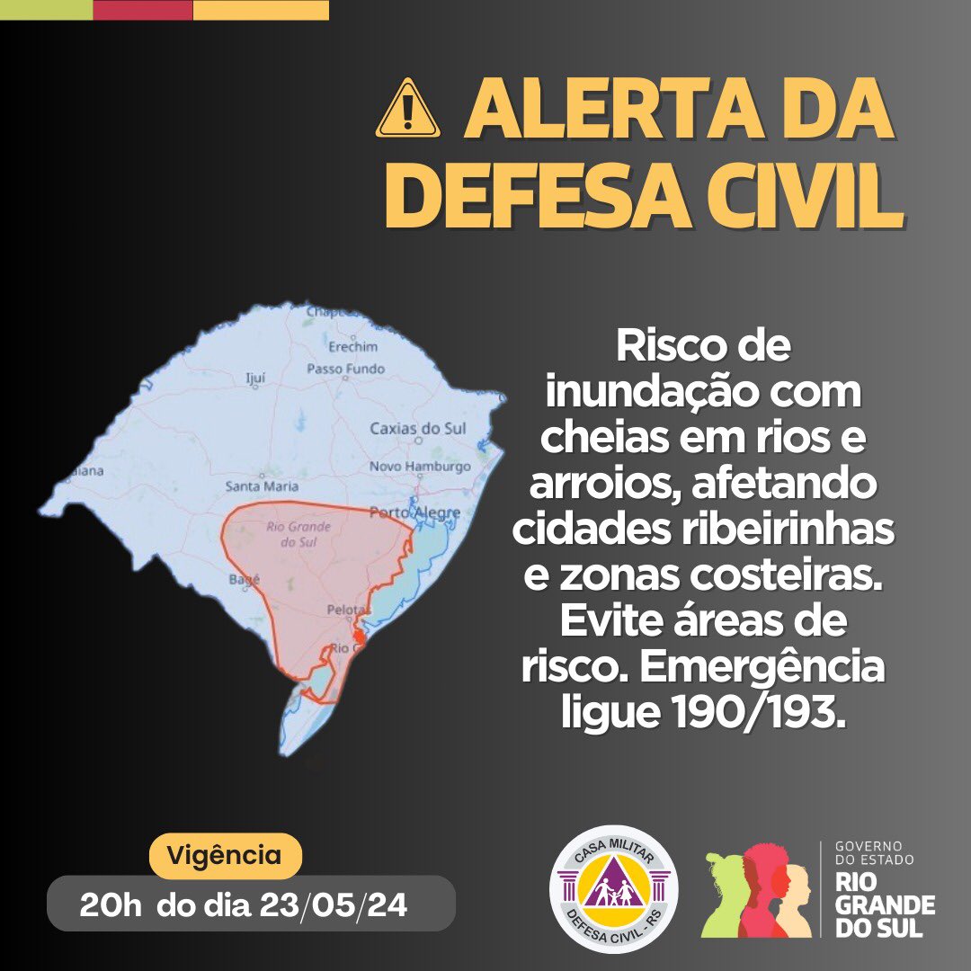 Se vc mora em regiões próximas a cursos d’água, ou em áreas com histórico de alagamentos ou inundações, deve sair com antecedência, buscando um local seguro para permanecer. Não atravesse áreas alagadas a pé, ou mesmo de carro. Informe-se na Defesa Civil de sua cidade.