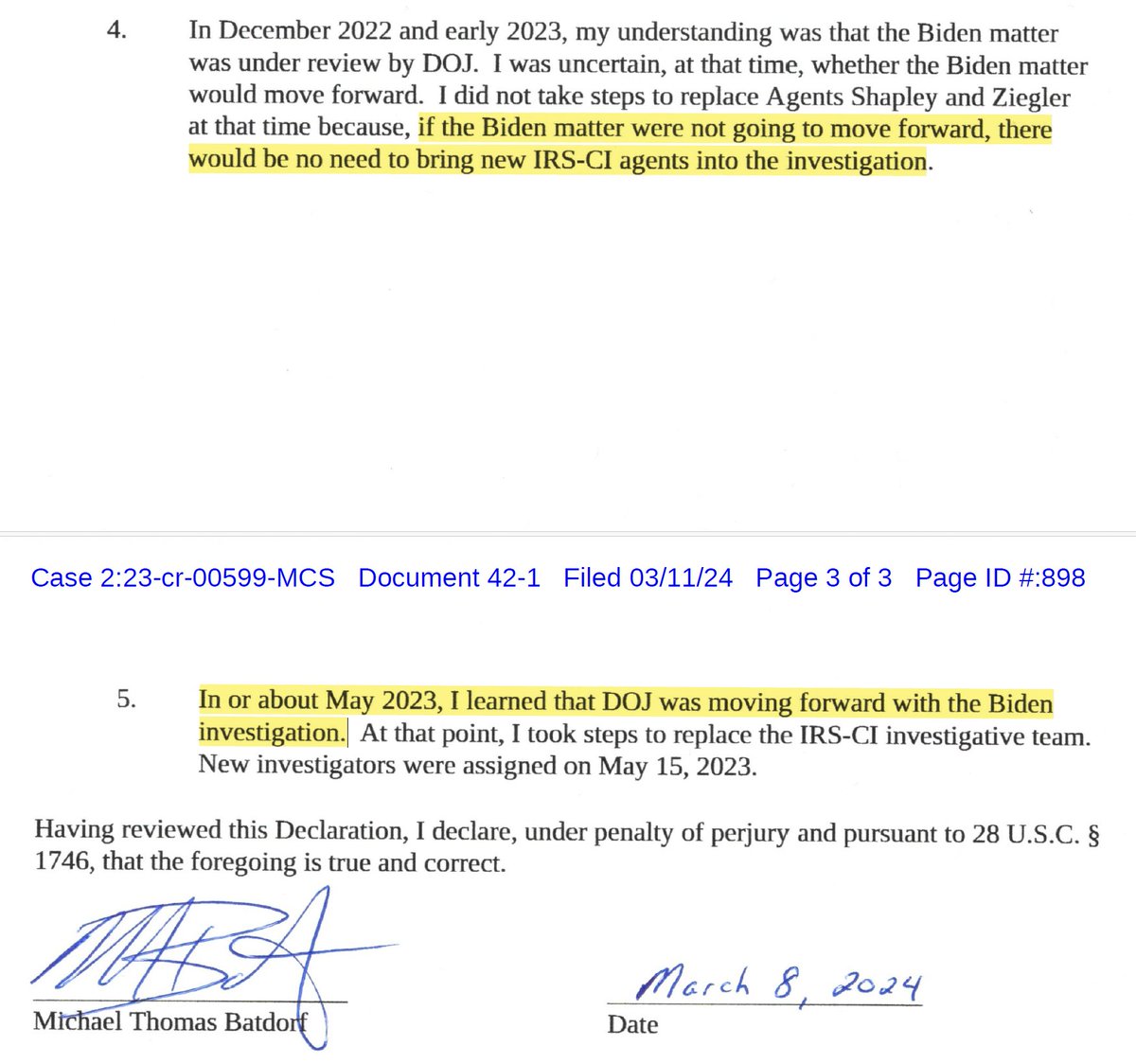 I'm still very unclear on how, after IRS management says it was 'uncertain...whether the Biden matter would move forward' and thus whether to remove Shapley and Ziegler due to Weiss's refusal to work with those agents... The 'moving forward' the IRS says ultimately required the