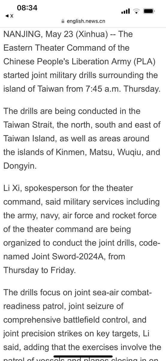🇨🇳 Militärische Drohgebärden kurz nach Vereidigung des neuen taiwanischen Präsidenten: #China​s Staats- und Parteiführung startet umfassendes Militärmanöver in den Gewässern rund um #Taiwan. Betroffen auch die vorgelagerten taiwanischen Inseln #Kinmen und #Matsu.