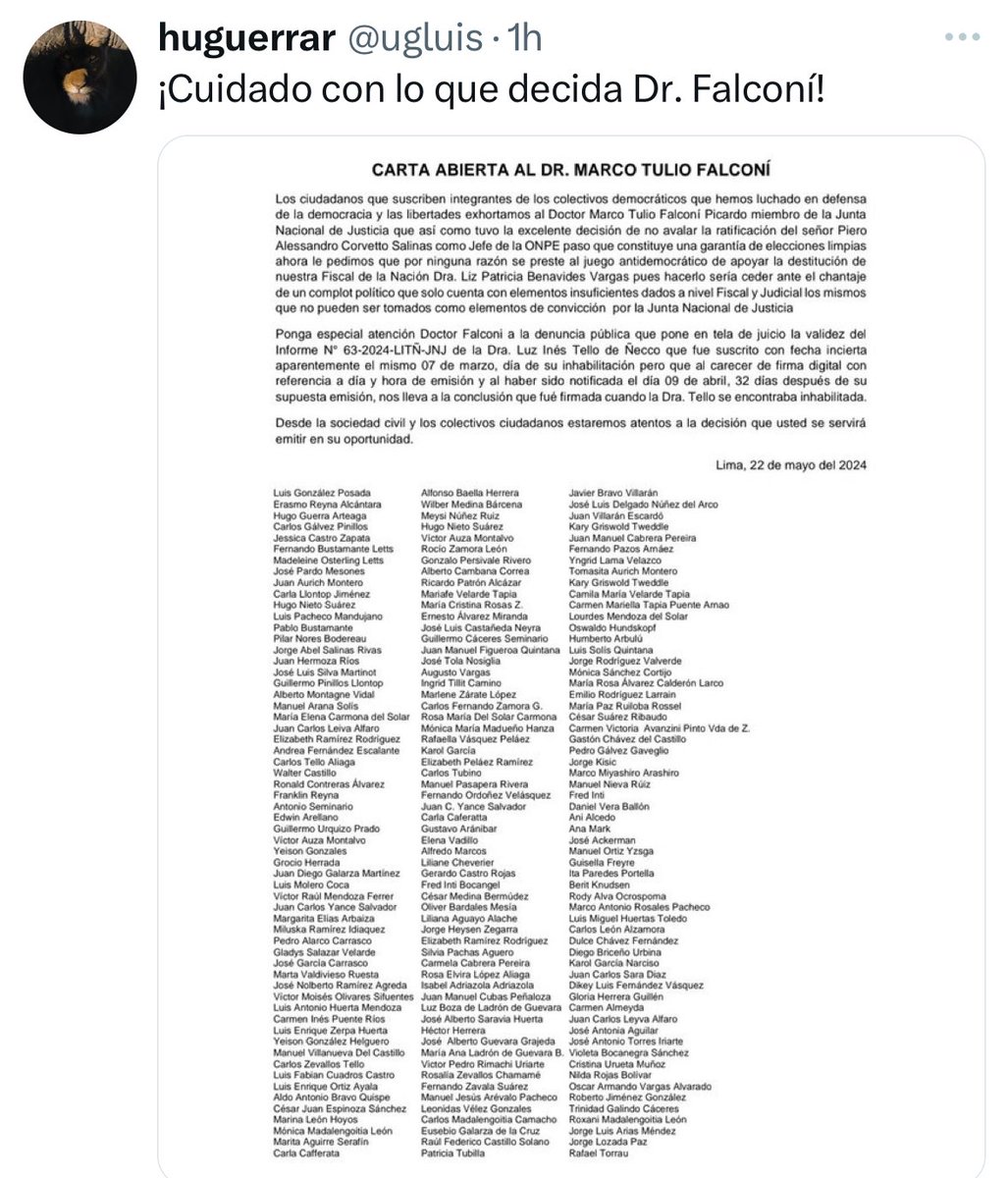 Carta intimidatoria contra un miembro del JNJ difundida por Hugo Guerra antes de la votación de la sanción a la ex fiscal Patricia Benavides.