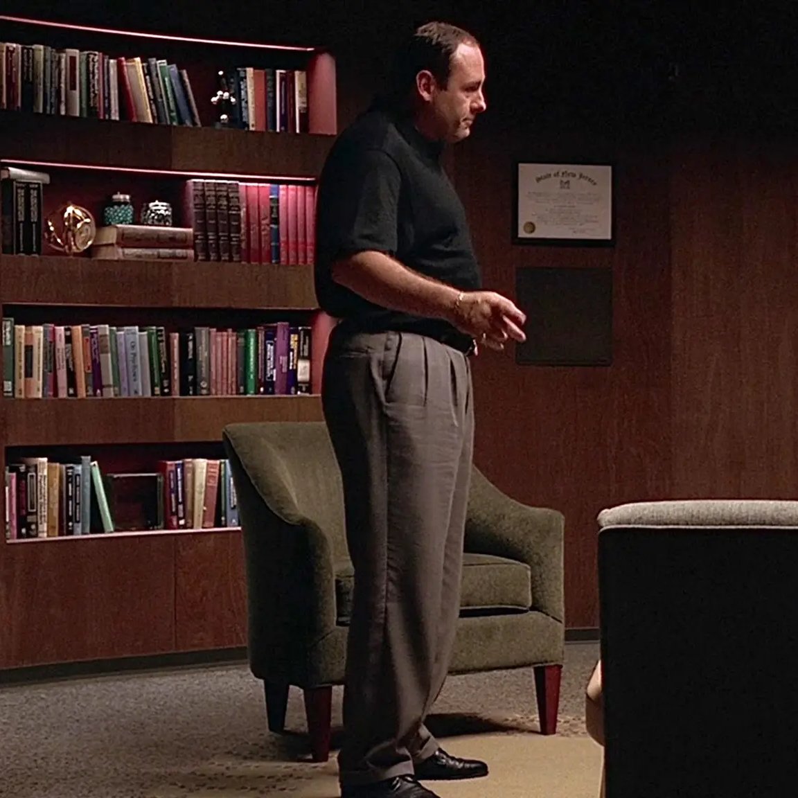 The reason why Tony Soprano looked cool is because he wore high rise, double pleated trousers with a slightly fuller leg that ended in a gentle single break. No one talks about this.