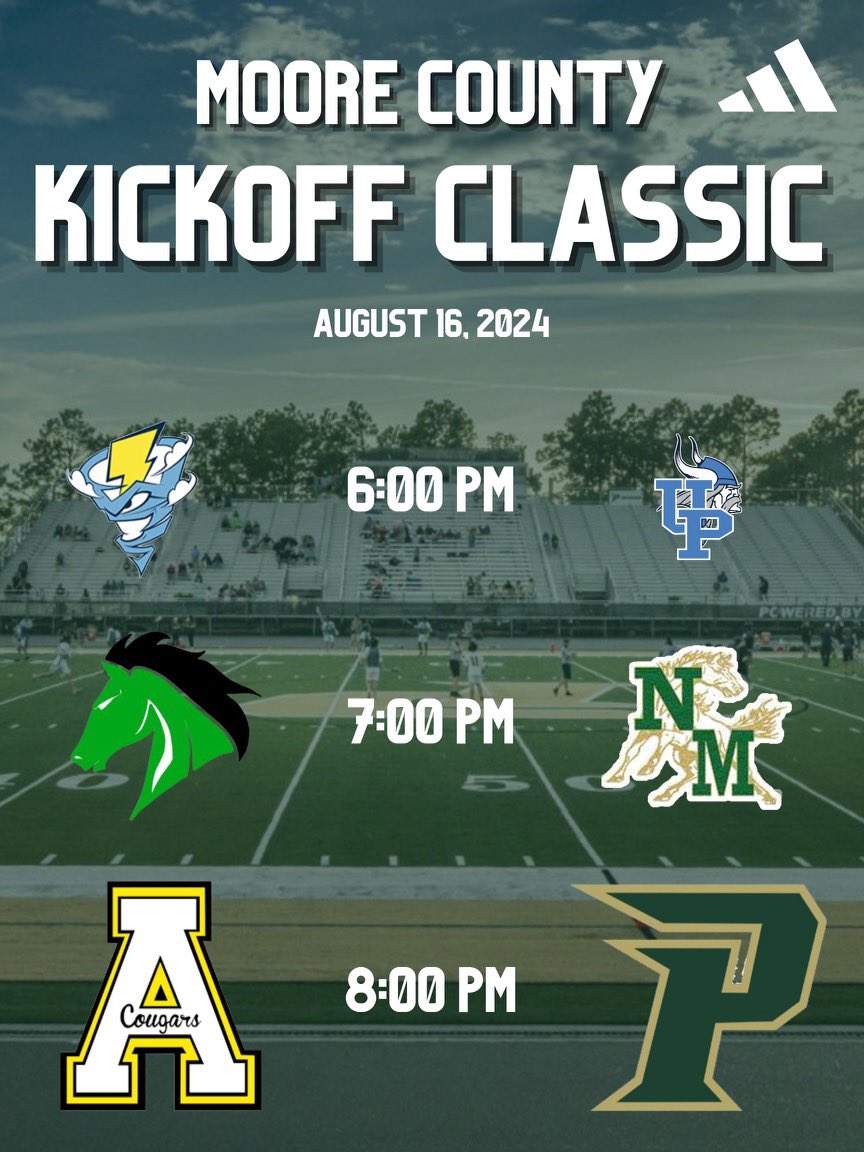 The 2nd Annual Moore County Kickoff Classic! All three Moore County Schools in one stadium against West Stanley, @WS_Storm_FB and @ApexFB. Stay tuned for more exciting details!