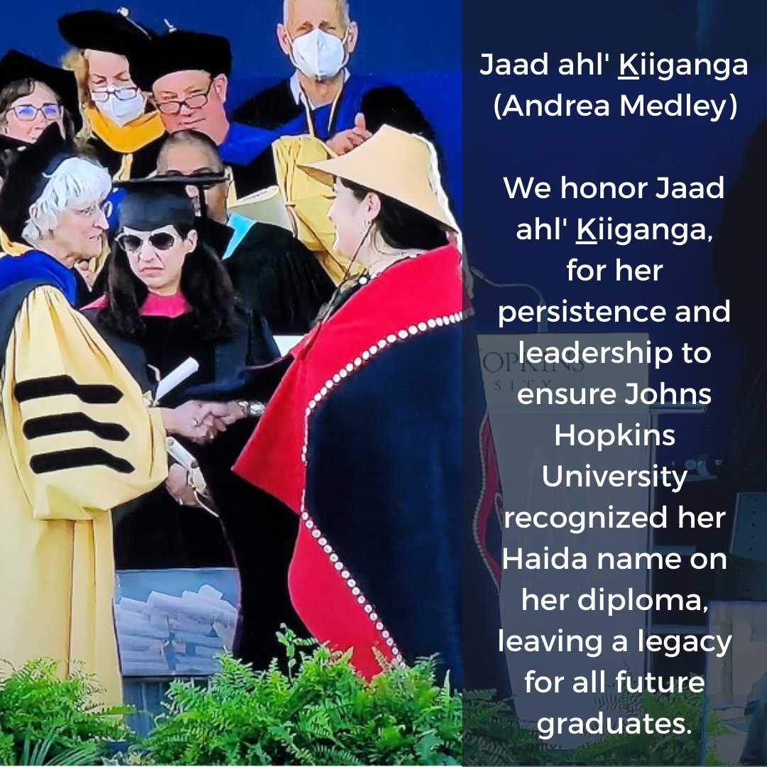 Let’s celebrate Jaad ahl’ Kiiganga’s remarkable contributions during this graduation season. Her tireless efforts have paved the way for the inclusion of #ancestral and #traditional #Indigenous names on diplomas at the @JohnsHopkinsSPH. #NativeTwitter