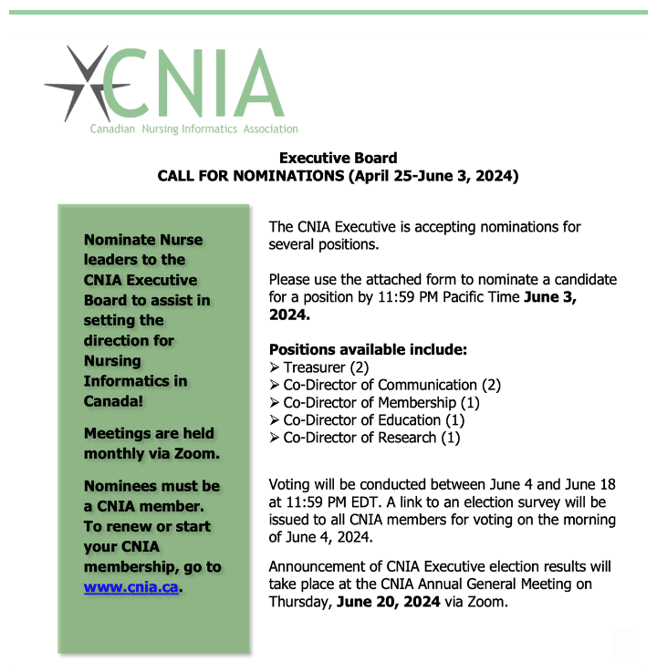 CNIA (@cnia_ca) on Twitter photo CNIA Executive Board Call for Nominations will close on June 3, 2024. The roles of Treasurer and Co-Directors for Communications, Membership, Education, Research are available. Complete the Nomination Form found👉 cnia.ca Submit via email to past-president@cnia.ca CNIA Executive Board Call for Nominations will close on June 3, 2024. The roles of Treasurer and Co-Directors for Communications, Membership, Education, Research are available. Complete the Nomination Form found👉 cnia.ca Submit via email to past-president@cnia.ca