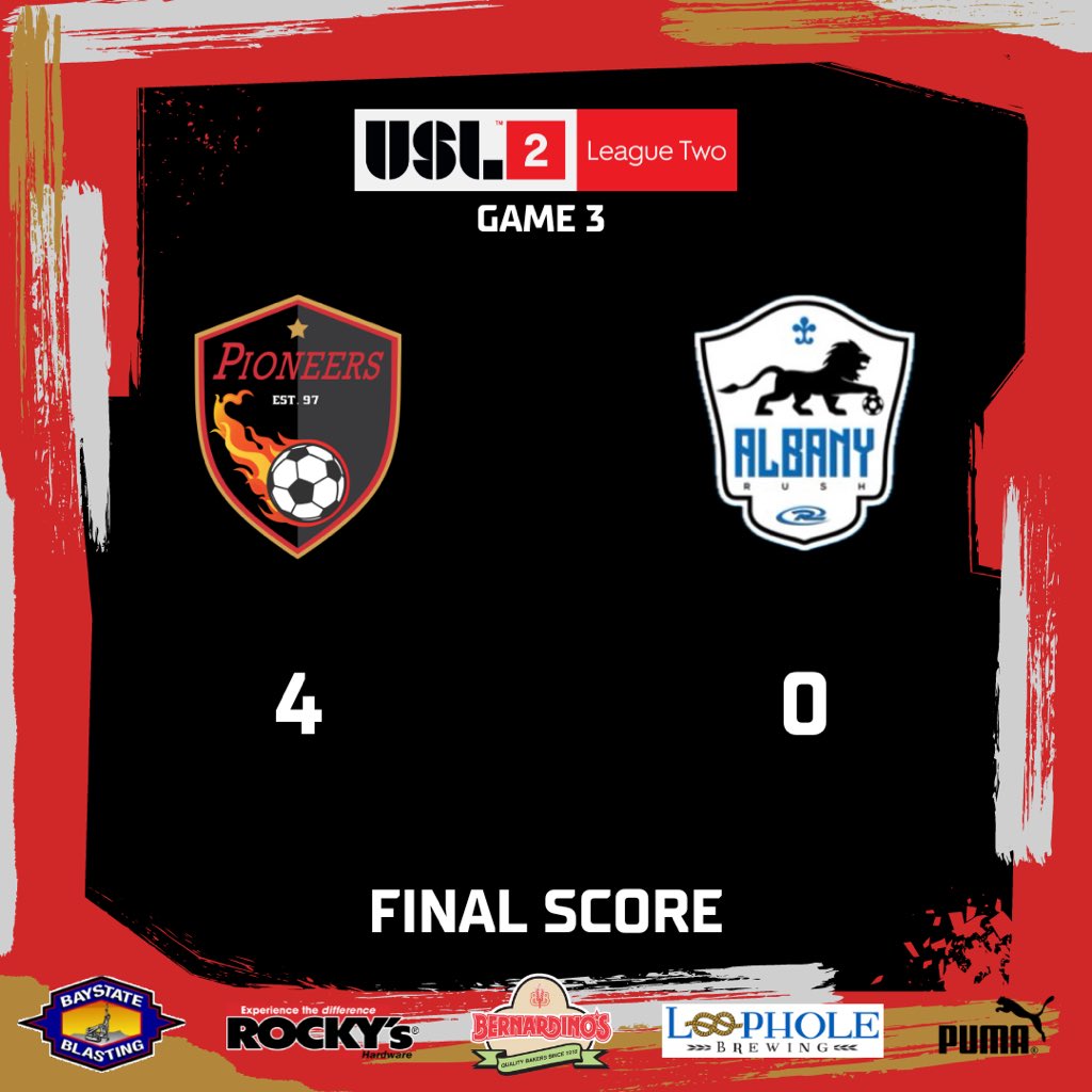 WMassPioneers's tweet photo. FINAL SCORE | After a very good performance by the entire team, your Pioneers defeat Albany Rush and take the 3 points. 

⚽️ Alec Hughes (assist: Laurie Goddard)
⚽️ Alec Hughes (assist: Zach Sauer)
⚽️ Laurie Goddard
⚽️ Laurie Goddard (assist: Alec Hughes)

#VamosPioneers❤️‍🔥 https://t.co/cZbtyQoxG4