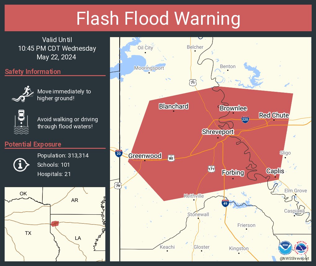 Flash Flood Warning including Shreveport LA, Bossier City LA and Red Chute LA until 10:45 PM CDT