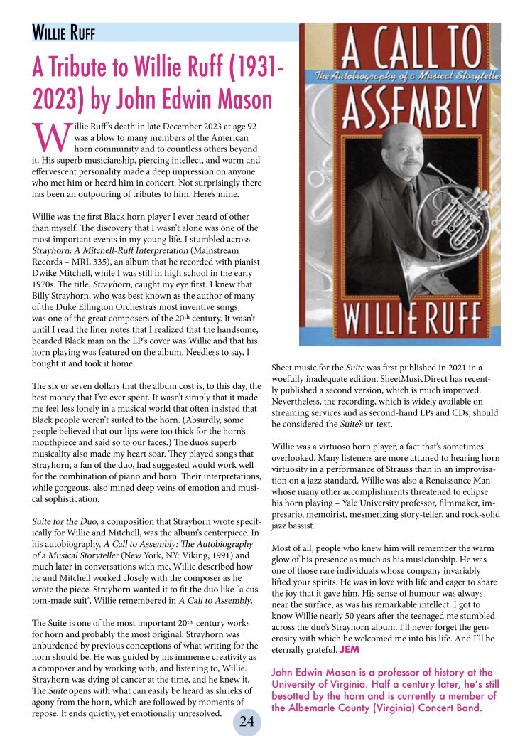 Willie Ruff, the great & beloved French hornist, bassist, memoirist, raconteur, & @yalemusic professor, died late last year. Few have had a greater impact on my life, directly & indirectly. I was honored to write an appreciation for the journal of the @britishhorns society.