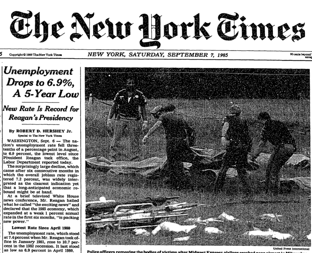 I was helping my son do research for a report on the discovery of the Titanic in September 1985, and ran across this fascinating article about that month's employment release. For reference, the unemployment rate today is 3.9%.